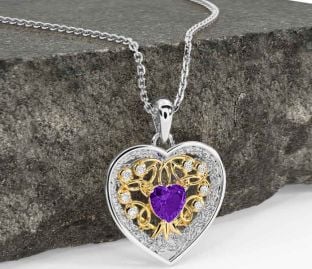Diamond Amethyst Gold Silver Celtic Tree of Life Trinity Knot Heart Necklace