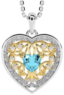 Diamond Aquamarine Gold Silver Celtic Tree of Life Trinity Knot Heart Necklace