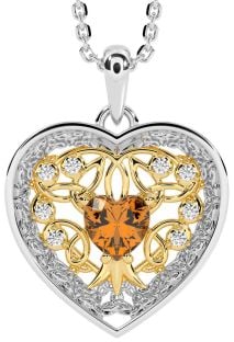 Diamond Citrine Gold Silver Celtic Tree of Life Trinity Knot Heart Necklace