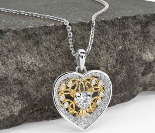 Diamond Gold Silver Celtic Tree of Life Trinity Knot Heart Necklace