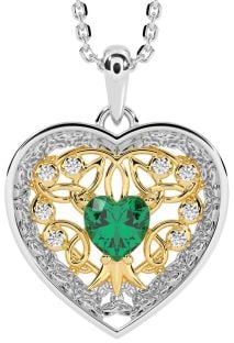 Diamond Emerald Gold Silver Celtic Tree of Life Trinity Knot Heart Necklace