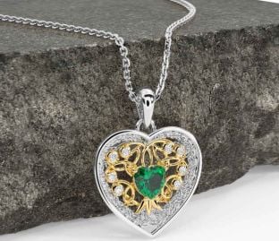 Diamond Emerald Gold Silver Celtic Tree of Life Trinity Knot Heart Necklace