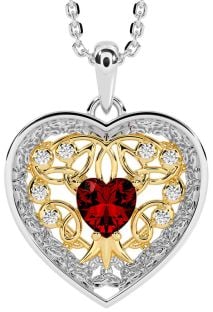 Diamond Garnet Gold Silver Celtic Tree of Life Trinity Knot Heart Necklace