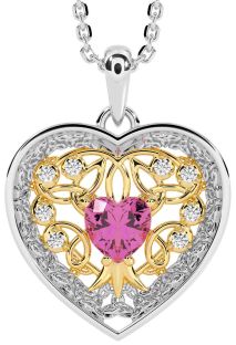 Diamond Pink Tourmaline Gold Silver Celtic Tree of Life Trinity Knot Heart Necklace