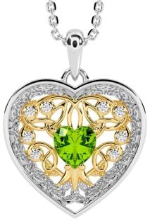 Diamond Peridot Gold Silver Celtic Tree of Life Trinity Knot Heart Necklace