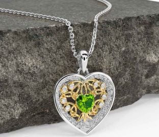 Diamond Peridot Gold Silver Celtic Tree of Life Trinity Knot Heart Necklace