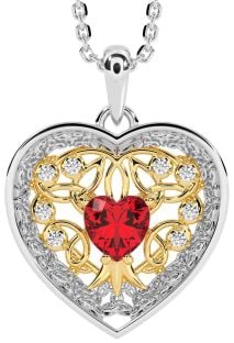 Diamond Ruby Gold Silver Celtic Tree of Life Trinity Knot Heart Necklace