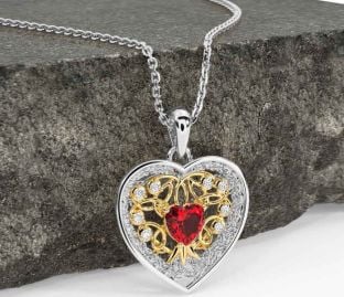 Diamond Ruby Gold Silver Celtic Tree of Life Trinity Knot Heart Necklace