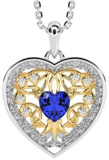 Diamond Sapphire Gold Silver Celtic Tree of Life Trinity Knot Heart Necklace