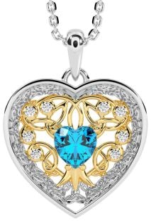 Diamond Topaz Gold Silver Celtic Tree of Life Trinity Knot Heart Necklace