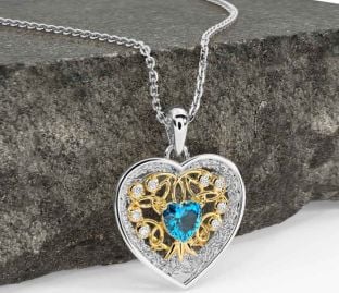 Diamond Topaz Gold Silver Celtic Tree of Life Trinity Knot Heart Necklace