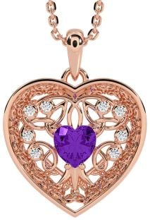 Diamond Amethyst Rose Gold Silver Celtic Tree of Life Trinity Knot Heart Necklace