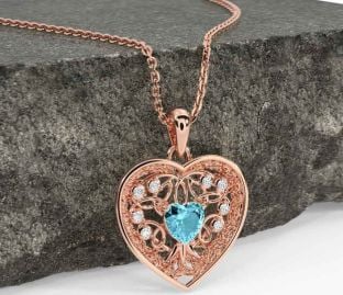 Diamond Aquamarine Rose Gold Silver Celtic Tree of Life Trinity Knot Heart Necklace