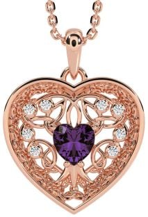 Diamond Alexandrite Rose Gold Silver Celtic Tree of Life Trinity Knot Heart Necklace