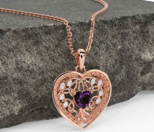 Diamond Alexandrite Rose Gold Silver Celtic Tree of Life Trinity Knot Heart Necklace