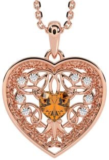 Diamond Citrine Rose Gold Silver Celtic Tree of Life Trinity Knot Heart Necklace