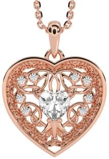 Diamond Rose Gold Silver Celtic Tree of Life Trinity Knot Heart Necklace