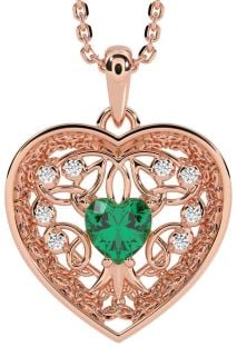 Diamond Emerald Rose Gold Silver Celtic Tree of Life Trinity Knot Heart Necklace