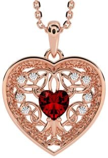 Diamond Garnet Rose Gold Silver Celtic Tree of Life Trinity Knot Heart Necklace