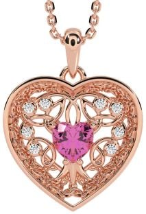 Diamond Pink Tourmaline Rose Gold Silver Celtic Tree of Life Trinity Knot Heart Necklace