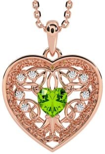 Diamond Peridot Rose Gold Silver Celtic Tree of Life Trinity Knot Heart Necklace