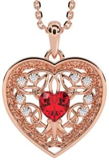 Diamond Ruby Rose Gold Silver Celtic Tree of Life Trinity Knot Heart Necklace