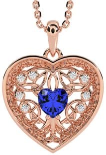 Diamond Sapphire Rose Gold Silver Celtic Tree of Life Trinity Knot Heart Necklace