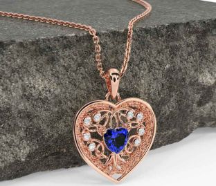 Diamond Sapphire Rose Gold Silver Celtic Tree of Life Trinity Knot Heart Necklace
