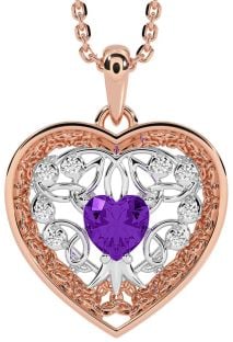 Diamond Amethyst Rose Gold Silver Celtic Tree of Life Trinity Knot Heart Necklace