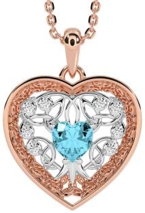 Diamond Aquamarine Rose Gold Silver Celtic Tree of Life Trinity Knot Heart Necklace