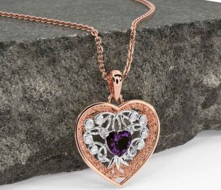 Diamond Alexandrite Rose Gold Silver Celtic Tree of Life Trinity Knot Heart Necklace