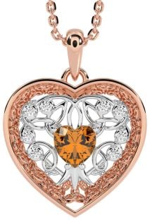 Diamond Citrine Rose Gold Silver Celtic Tree of Life Trinity Knot Heart Necklace