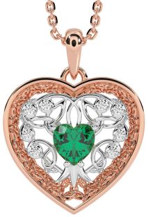 Diamond Emerald Rose Gold Silver Celtic Tree of Life Trinity Knot Heart Necklace