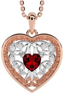 Diamond Garnet Rose Gold Silver Celtic Tree of Life Trinity Knot Heart Necklace