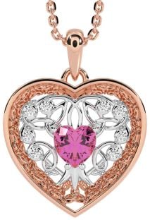 Diamond Pink Tourmaline Rose Gold Silver Celtic Tree of Life Trinity Knot Heart Necklace