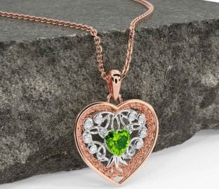 Diamond Peridot Rose Gold Silver Celtic Tree of Life Trinity Knot Heart Necklace