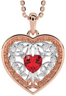 Diamond Ruby Rose Gold Silver Celtic Tree of Life Trinity Knot Heart Necklace