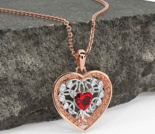 Diamond Ruby Rose Gold Silver Celtic Tree of Life Trinity Knot Heart Necklace