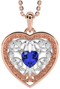 Diamond Sapphire Rose Gold Silver Celtic Tree of Life Trinity Knot Heart Necklace