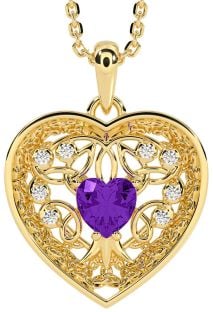 Diamond Amethyst Gold Silver Celtic Tree of Life Trinity Knot Heart Necklace