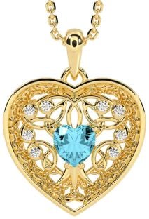 Diamond Aquamarine Gold Silver Celtic Tree of Life Trinity Knot Heart Necklace