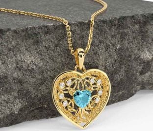 Diamond Aquamarine Gold Silver Celtic Tree of Life Trinity Knot Heart Necklace