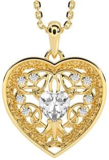 Diamond Gold Silver Celtic Tree of Life Trinity Knot Heart Necklace