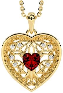 Diamond Garnet Gold Silver Celtic Tree of Life Trinity Knot Heart Necklace