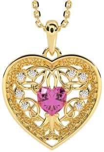 Diamond Pink Tourmaline Gold Silver Celtic Tree of Life Trinity Knot Heart Necklace