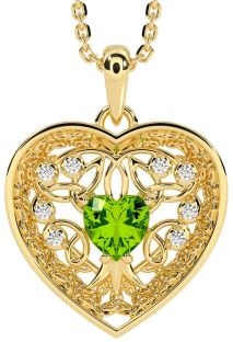 Diamond Peridot Gold Silver Celtic Tree of Life Trinity Knot Heart Necklace