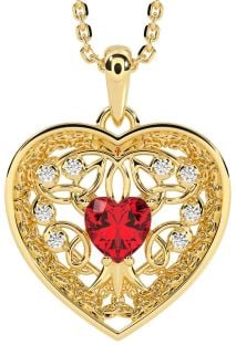 Diamond Ruby Gold Silver Celtic Tree of Life Trinity Knot Heart Necklace