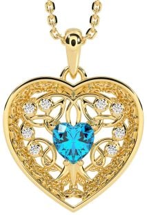 Diamond Topaz Gold Silver Celtic Tree of Life Trinity Knot Heart Necklace