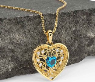 Diamond Topaz Gold Silver Celtic Tree of Life Trinity Knot Heart Necklace
