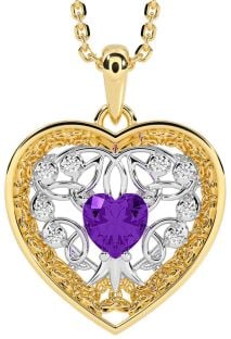 Diamond Amethyst Gold Silver Celtic Tree of Life Trinity Knot Heart Necklace